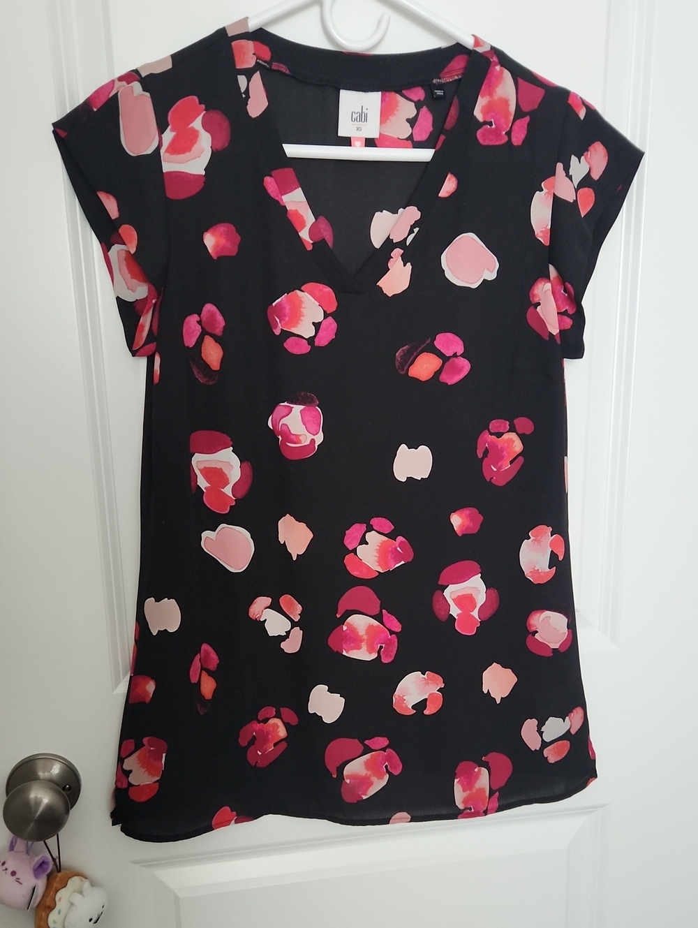 CAbi Black V-Neck Cap Sleeve Top with Pink and Coral Floral Spots